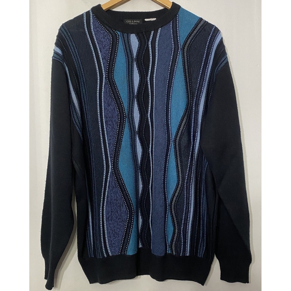 Cellini Collezione‎ Pullover Sweater Blue Textured Wool Blend Wavy Men's Large